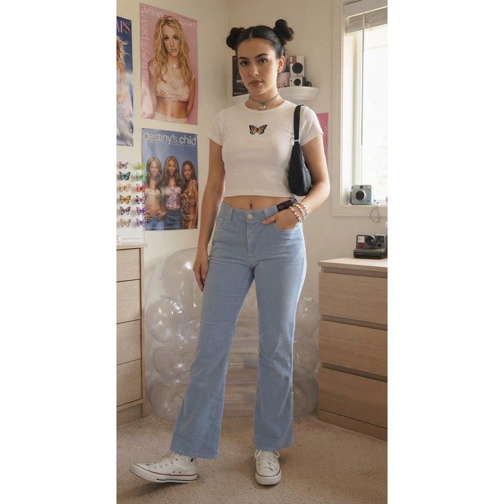 Vintage Y2K Ralph Lauren Light Blue Velour Flared Leg Pants 10 Retro 90s Preppy